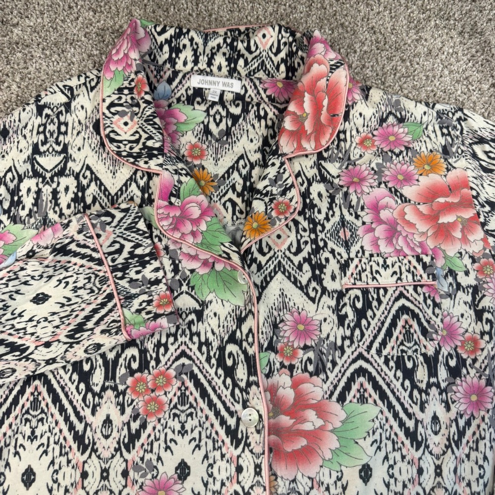 Johnny Was Black & White Floral Print Satin Pajama Top with Pink Trim